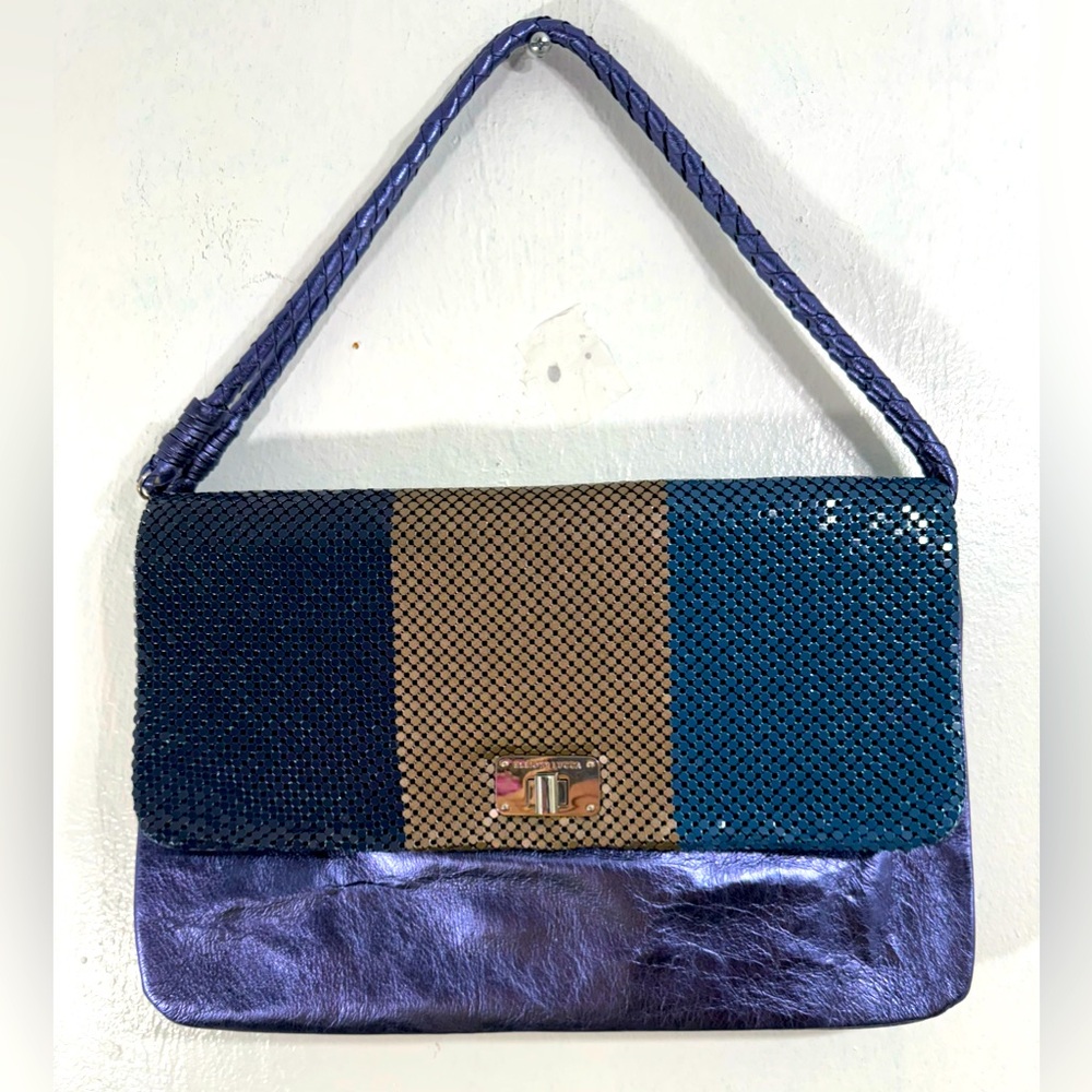 Elliott Lucca- Boho Leather and liquid mesh Maximalist bag in purple/gold/blue.